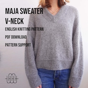 Padrão básico de tricô de suéter com decote em V | Tricotar um suéter &quot;Maja Sweater V Neck&quot; | PADRÃO DE MALHA INGLÊS