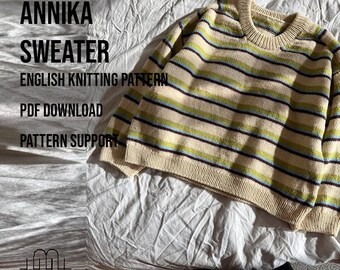 Patrón de punto para suéter con hombros tipo silla de montar | Patrón de punto para suéter a rayas "Suéter Annika" | PATRÓN DE PUNTO EN INGLÉS