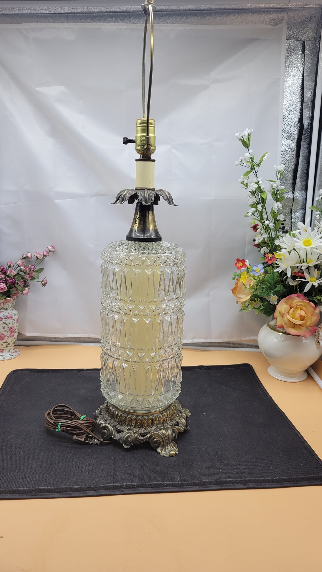 Vtg Mid Century Crystal Cut Glass Cylinder Table Desk Lamp Hollywood