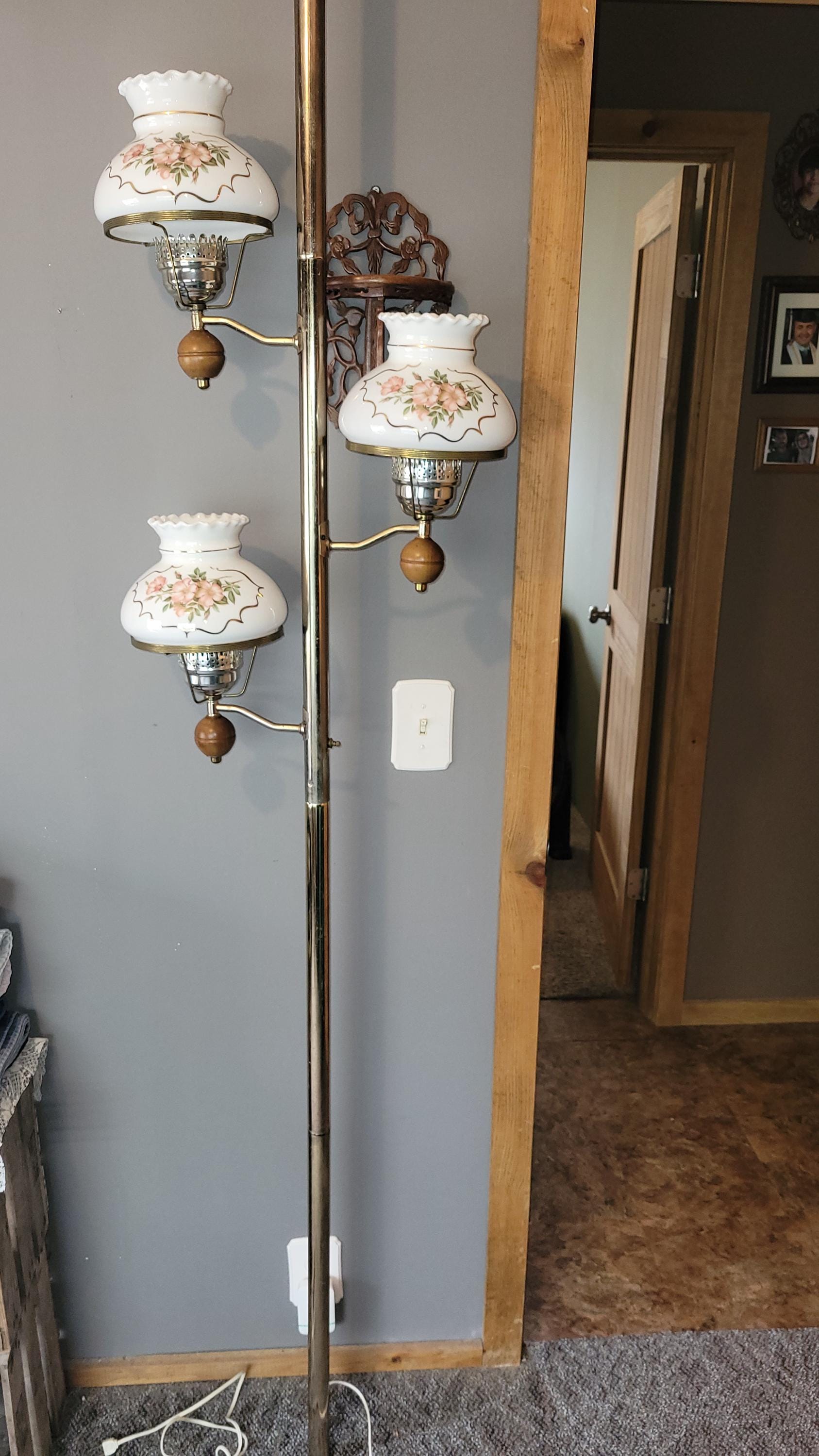 Vintage 1960s Pink Floral Milk Glass Tension Pole Light Mid