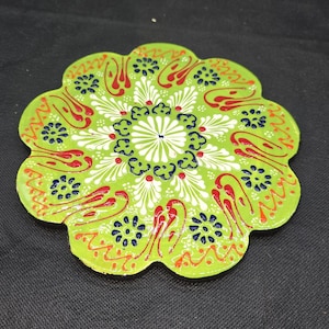 Colorful Turkish Ceramic Tile Trivet Green Flower 7"