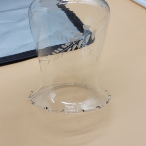May include: Clear glass candle shade with a scalloped edge and an etched floral design.