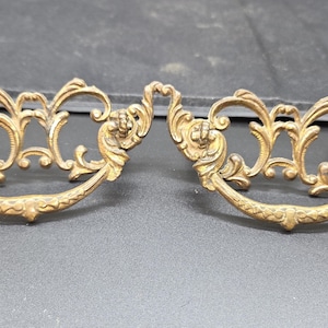 2 Antique Victorian Brass Drop Bail Handle Drawer Pulls Ornate 3” Center Holes
