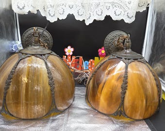 Vintage 1967 Tiffany Style Double Hanging Light Slag Tulip Mid Century  Brown.