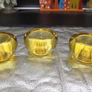 Vintage Heavy Pressed Glass Orb Round Paperweight Yellow/Gold Color Candle Holders. Set of 3