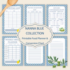 Planificador de comidas imprimible y tabla de conversión de alimentos para la cocina Nanna Blue