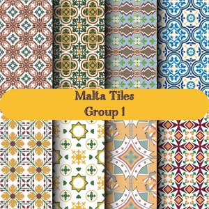Może przedstawiać: Zestaw ośmiu kolorowych wzorów płytek inspirowanych tradycyjnymi maltejskimi wzorami. Płytki charakteryzują się geometrycznymi kształtami, motywami kwiatowymi i misternymi detalami. Wzory są ułożone w siatkę, z tekstem "Malta Tiles Group 1" wyświetlanym u góry.