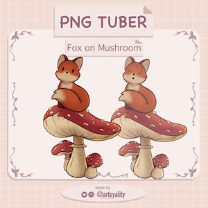 May include: Digital illustration of two foxes perched on red and white spotted mushrooms. The image is labelled "PNG Tuber" and "Fox on Mushroom". The artist's social media handle is also included.