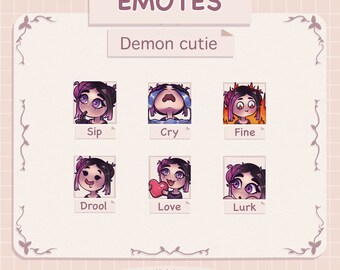 May include: A digital art print showcasing six "Demon cutie" emotes. Each emote portrays a cartoon character with purple and black hair, expressing emotions such as "Sip," "Cry," and "Love." The artwork is set against a light pink background with decorative floral elements.