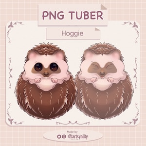 May include: An illustration of two cartoon hedgehogs, one with open eyes and the other with closed eyes. The hedgehogs have brown and tan fur, with pink accents. The text "PNG TUBER" and "Hoggie" are displayed above the hedgehogs.