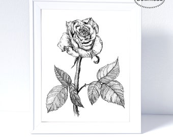 Rose wall art, printable rose, digital rose print, black and white rose, floral art, rose sketch, wedding gift, rose lovers, gardener
