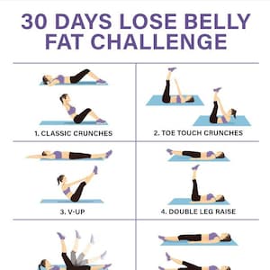 May include: An illustration of eight different exercises for a 30-day belly fat challenge. The exercises include classic crunches, toe touch crunches, V-ups, double leg raises, leg swings, flutter kicks, Russian twists, and dolphin planks.