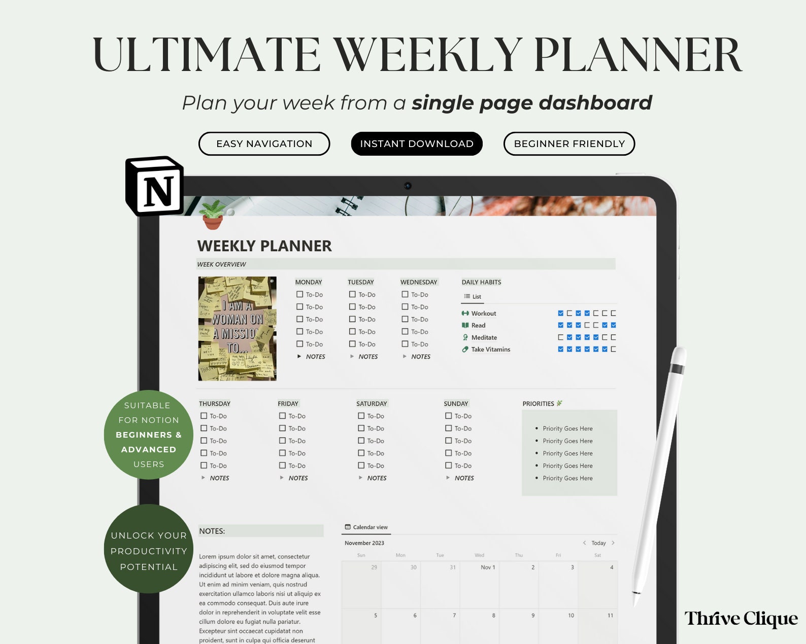 Notion Weekly Planner Template | Notion to Do List | Simple Weekly ...
