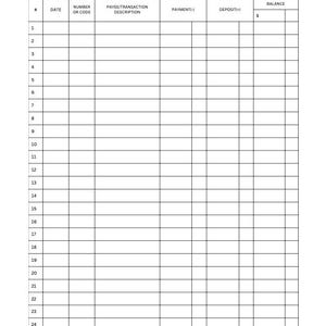 May include: A black and white checking account ledger form with the title Checking Account Ledger and Transaction Check Register. It features columns for date, number or code, payee, payment, deposit, and balance, with 26 numbered rows.