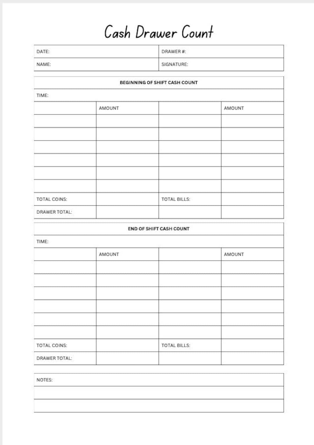 Csh Draw Cash Drawer Count Sheet | Daily Count Sheet | Retail Business Money ...