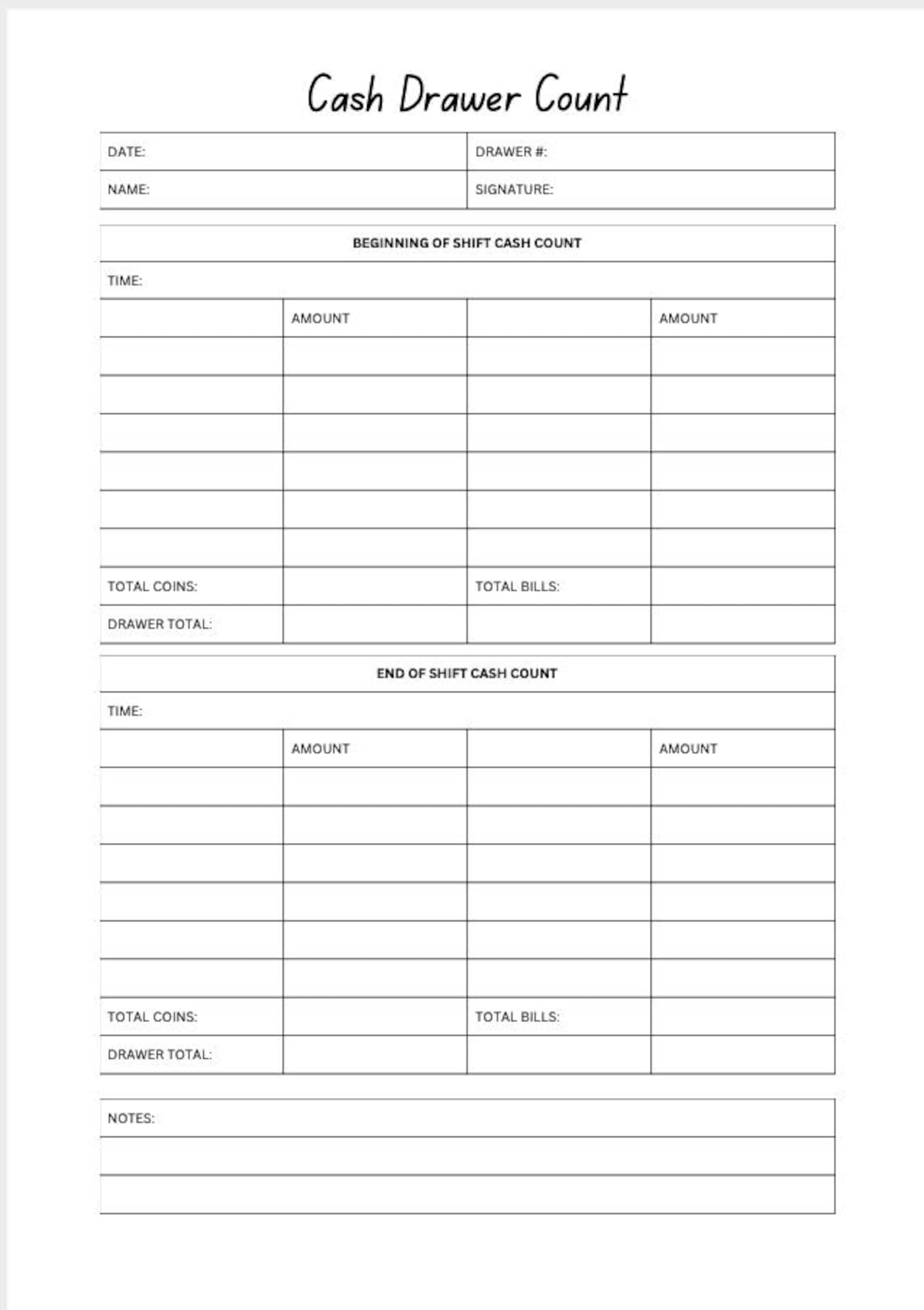 Cash Drawer Count Sheet | Daily Count Sheet | Retail Business Money ...