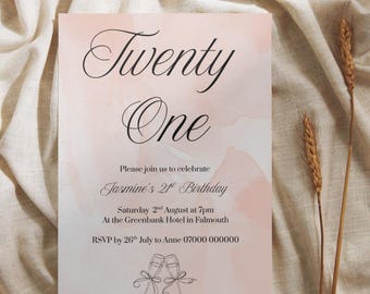 May include: A party invitation with the words "Twenty One" in elegant script. The invitation has a watercolor-style pink background and includes details for Jasmine's 21st birthday celebration, including date, time, and location.
