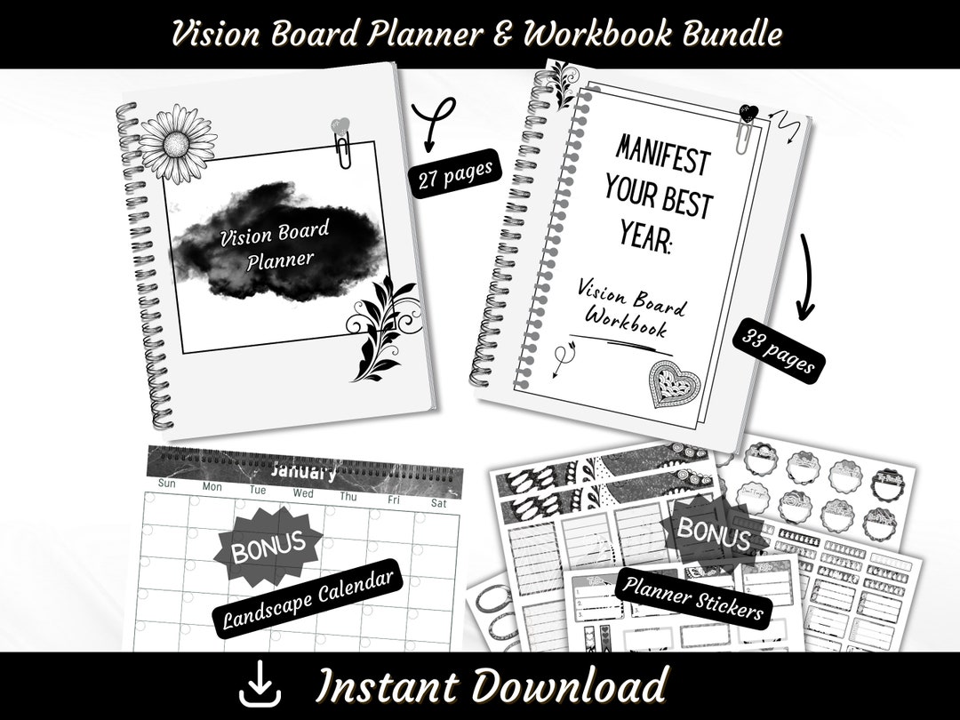 Printable Vision Board Planner PDF Template for Goal Setting, Yearly ...