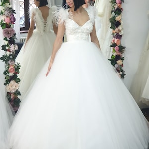 Princess wedding 2 piece dress , fairytale and unique custom made dress, 3d Floral an feather corset  tulle Bridal party dress.