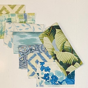 Banana Leaf, Floral and Lattice Pattern Print Mix in Blues and Greens / Studio Scrap Fabric Bundle - 8x8 - 8pc/bundle