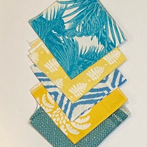 Palm and Fern Leaves with Geometric in Turquoise, Blue, Yellow and Teal / Studio Scrap Fabric Bundle - 11x11 - 5pc/bundle
