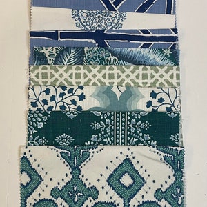 Blue Fretwork, Teal Floral, Green and White Abstract, and Geometric Pattern Mix / Studio Scraps- 10x10 Fabric Bundle