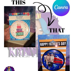 Könnte beinhalten: Bild zeigt zwei Ansteck-Buttons. Einer ist ein Geburtstags-Button, 13,9 cm Durchmesser, mit dem Text "Best Birthday Ever". Der andere ist ein Vatertags-Button mit Familienporträt und dem Text "Best Dad Ever."