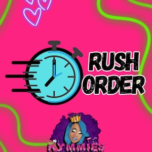 Puede incluir: Gráfico digital con fondo rosa y líneas onduladas verdes. Un cronómetro azul con líneas de velocidad negras y las palabras "RUSH ORDER" en blanco y negro. La imagen también incluye tres corazones de neón blancos y una mujer con cabello azul y una corona.