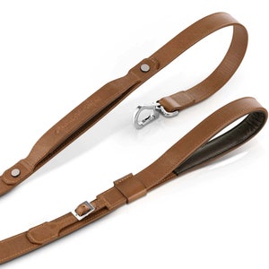 May include: A brown leather dog leash with a silver clip and buckle. The leash has a padded handle for comfort.
