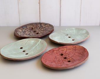 Handmade Ceramic Soap Dish: Rustic Self-Draining Pottery Sponge Holder