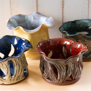 Hand-Carved Ceramic Tealight Holder: Stoneware Luminary, Artisan Pottery Candleholder or Orchid Pot
