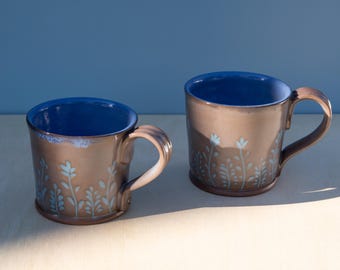 Handmade Stoneware Coffee Mug: Blue Floral Ceramic Teacup, 5.5 Oz and 7.5 Oz Capacity