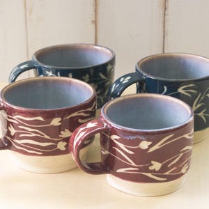 Handmade Ceramic Espresso Cup: Hand-Carved Sgraffito Pottery Mug, Floral Design 3 Ounce Capacity