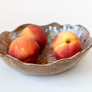 Handmade Stoneware Fruit Bowl, Salad Bowl, Serving Bowl: Lace Imprint, Amaryllis Glaze