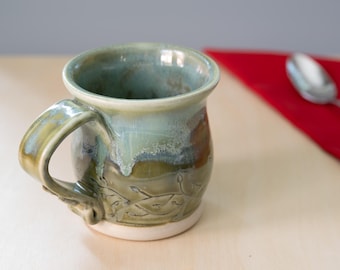 Handmade Ceramic Coffee Mug: Wheel-Thrown, Hand-Carved, 10 oz