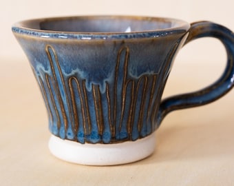 Handmade Espresso Cup: Carved Ceramic Coffee Mug with Blue Opalescent Glaze