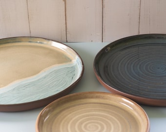 Handmade Ceramic Plates: Contemporary Stoneware Stackable Dinnerware, Swirl and Ocean Inspired Pottery Dishes