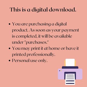 Op de afbeelding: Dit is een digitaal downloadbestand. Je koopt een digitaal product. Zodra je betaling is voltooid, is het beschikbaar onder "aankopen". Je kunt het thuis afdrukken of professioneel laten afdrukken. Alleen voor persoonlijk gebruik.