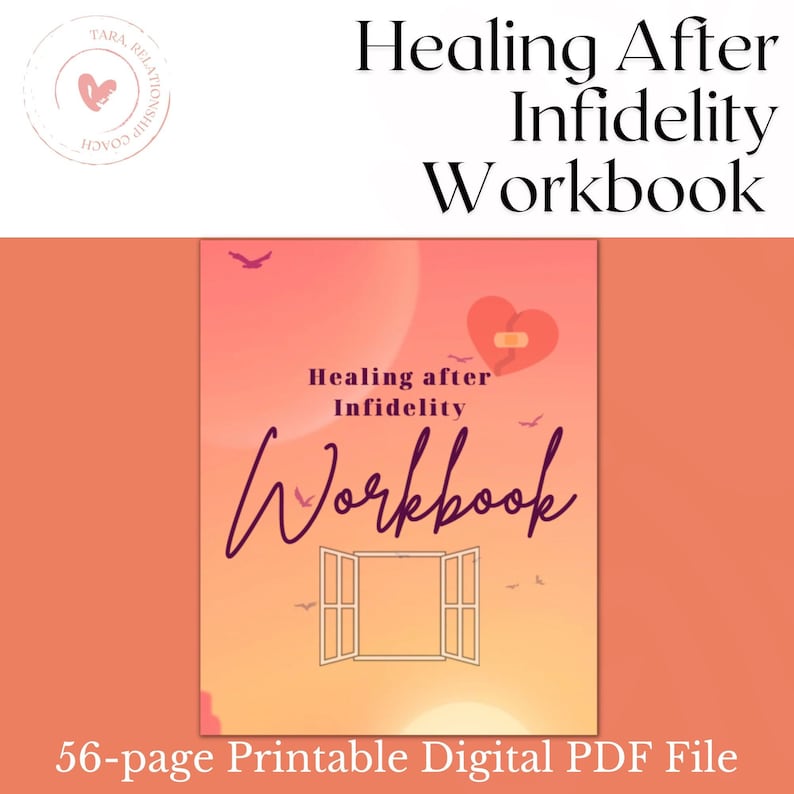 Op de afbeelding: Een digitaal werkboek met de titel "Healing After Infidelity Workbook" met een zonsondergangachtergrond en een gebroken hart met een pleister erop. De tekst "56-page Printable Digital PDF File" staat onderaan de afbeelding.
