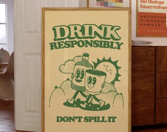 Drink Responsibly Poster - Retro Cartoon Characters Print for Bar Cart Decor (Digital Download)