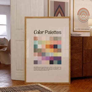 Może przedstawiać: Oprawiony plakat zatytułowany "Color Palettes" przedstawia siatkę kolorowych kwadratów. Widoczne są dwa inne oprawione plakaty, "Inner Fire" i "Locked Fear". Pokój ma drewniane podłogi i drewnianą szafkę.