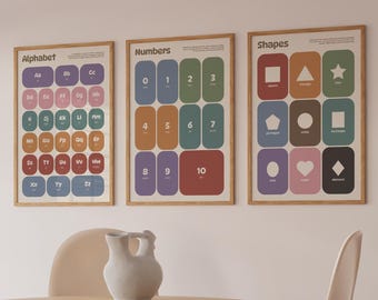 Set of 3 Neutral Educational Posters - Alphabet, Shapes, Numbers Prints Bundle for Homeschool and Classroom Decor (Digital Download)