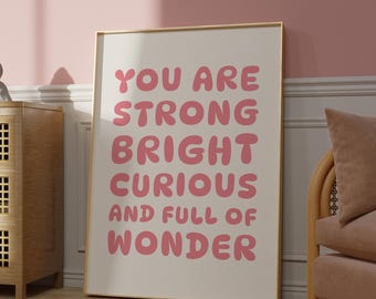 You Are Strong Poster - Pink Affirmation Print for Nursery and Girls Bedroom (Digital Download)