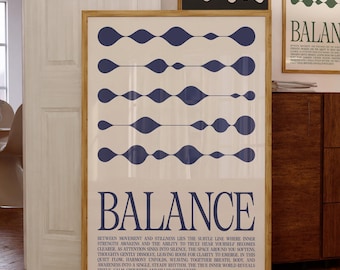 Framed Balance Poster - Positive Energy Blue Yoga Print for Minimalist and Bauhaus Decor