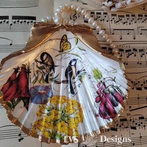 Jakobsmuschel Muschel Ringschale, Decoupage Vögel Blumenschmuck Ringschale, Schmuckstück Größe 11 * 10cm