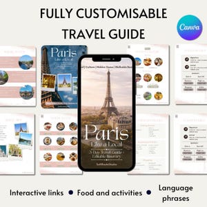 以下が含まれることがあります： スマートフォンと印刷されたページに表示された、フランスのパリのデジタル旅行ガイド。ガイドにはエッフェル塔、食べ物、アクティビティ、インタラクティブリンクが掲載されています。「Paris Like a Local」と「3-Day Travel Guide」というテキストが含まれています。