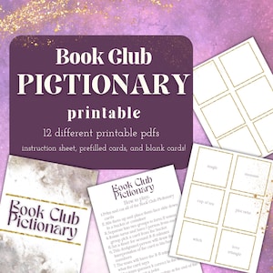 Può includere: Gioco Pictionary stampabile del Book Club con foglio di istruzioni, carte precompilate e carte vuote. Il gioco include 12 diversi PDF stampabili. Il testo sull'immagine dice "Book Club Pictionary printable".