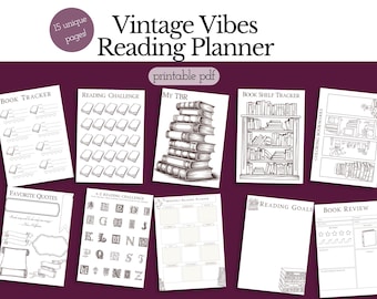 Peut inclure: Un ensemble de pages de planificateur de lecture imprimables sur le thème vintage. Les pages comprennent des suivis de livres, des défis de lecture et un espace pour les citations préférées. Le titre "Vintage Vibes Reading Planner" est affiché en haut.