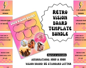 Retro Vision Board Kit: Printable Affirmation Cards (Digital Download)