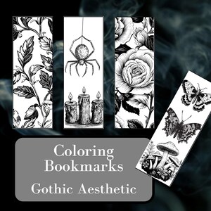 Puede incluir: Conjunto de cinco marcadores de libros para colorear en blanco y negro con una estética gótica. Los marcadores presentan imágenes de una araña, velas, rosas, mariposas y hongos.